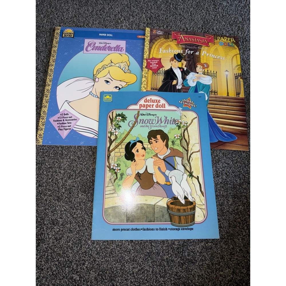 NEW 3 Golden Book Disney Paper Doll Lot Anastasia, Cinderella, Snow White